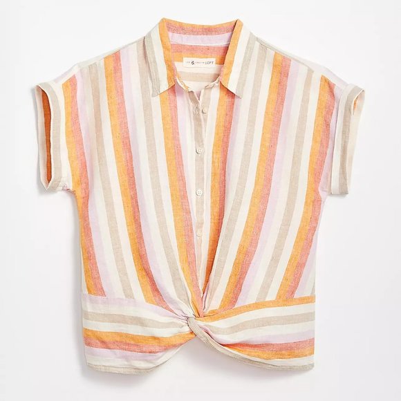Lou & Grey Striped Linen Twist Front Shirt Short Sleeves Point Collar Sz M - Picture 1 of 8